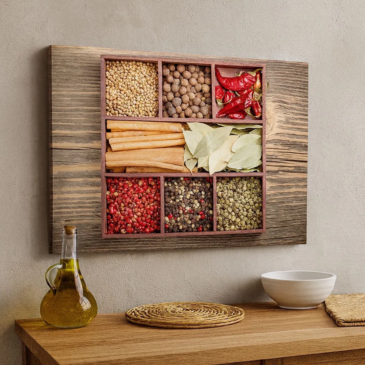 Schilderen op canvas - Houten kist met diverse kruiden in vakjes - 70x50cm - Volgorde van vormen, boeket van aroma's - Moderne wanddecoratie voor woonkamer en slaapkamer ARTTOR