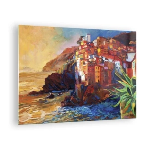 Schilderen op glas - Een kleurrijk stadje op een klif met uitzicht op de zee - 70x50cm - Italiaanse sfeer - Moderne wanddecoratie voor woonkamer en slaapkamer ARTTOR