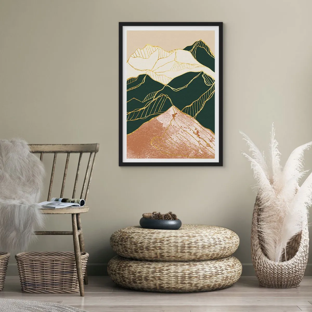 Poster in een zwarte lijst - Abstracte gouden lijnen die een berglandschap creëren - 50x70cm - Gouden toppen - Moderne wanddecoratie voor woonkamer en slaapkamer ARTTOR