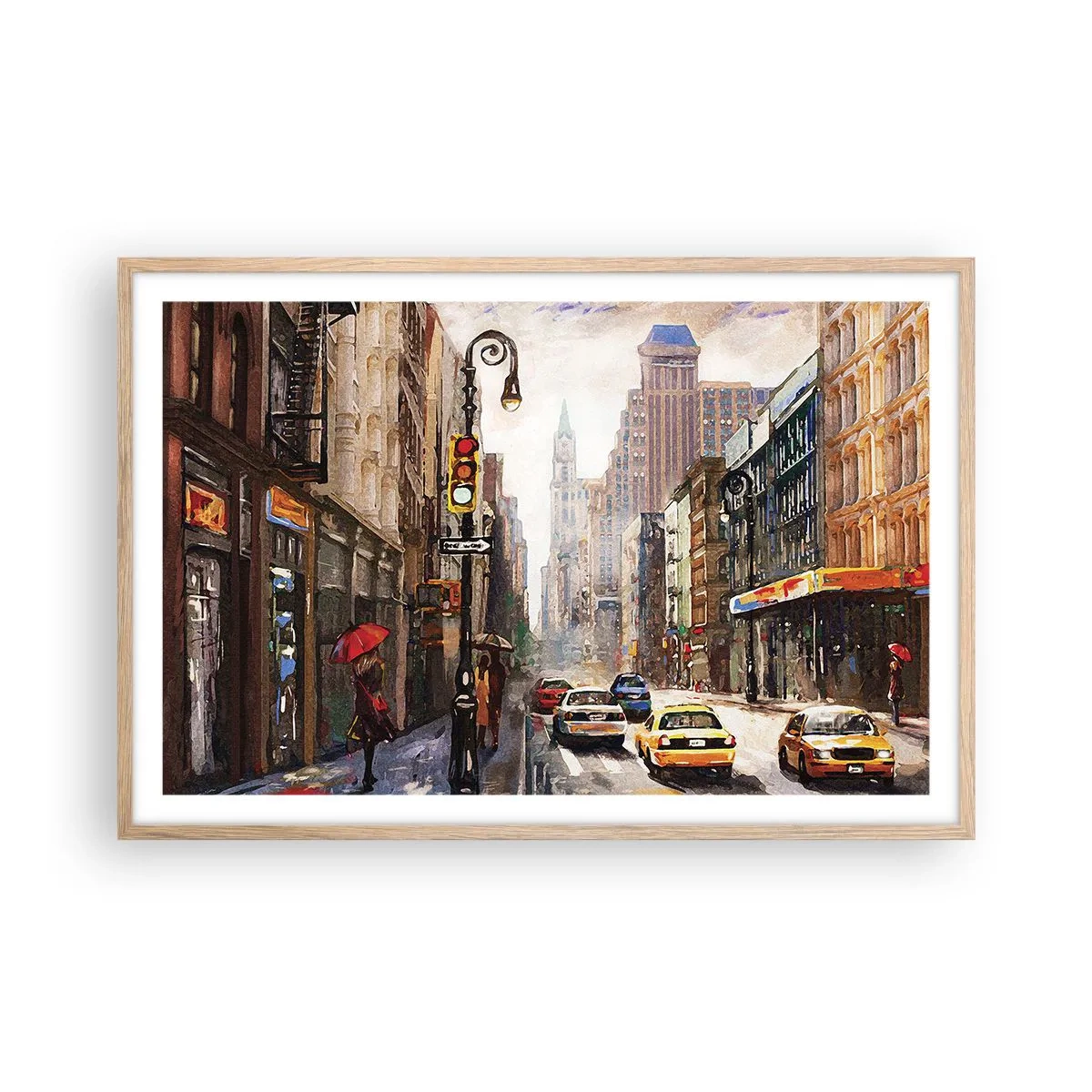 Een poster in een licht eiken lijst - New York - ook kleurrijk in de regen - 91x61 cm