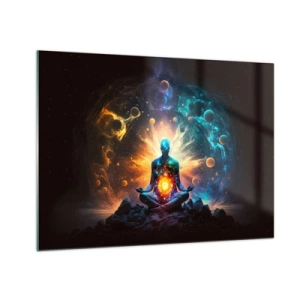 Schilderen op glas - Een mediterend silhouet in een kosmische explosie van kleuren - 70x50cm - Kosmische vrede - Moderne wanddecoratie voor woonkamer en slaapkamer ARTTOR