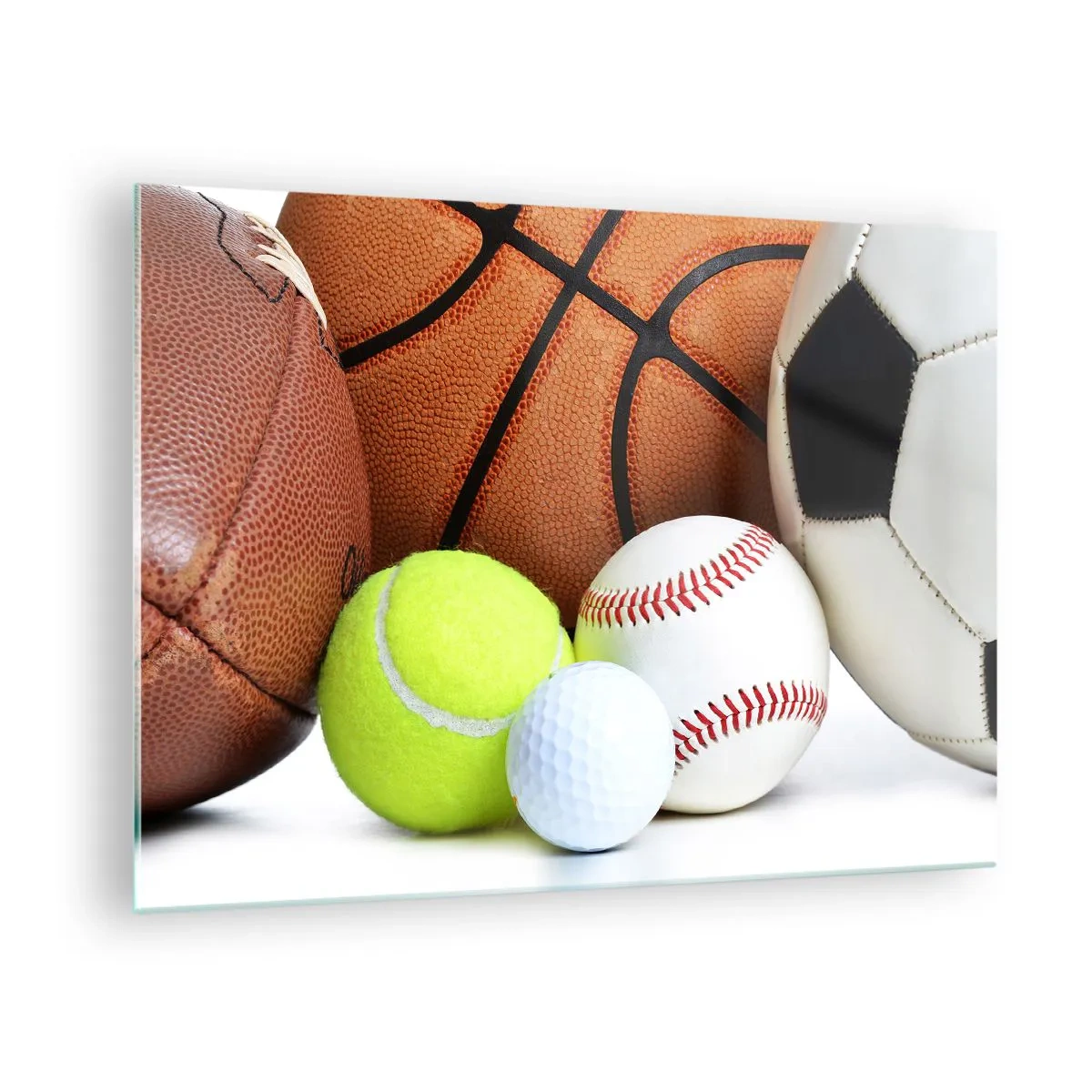 Schilderen op glas - Een set sportballen op een witte achtergrond - 70x50cm - Voetbal verbindt ons! - Moderne wanddecoratie voor woonkamer en slaapkamer ARTTOR