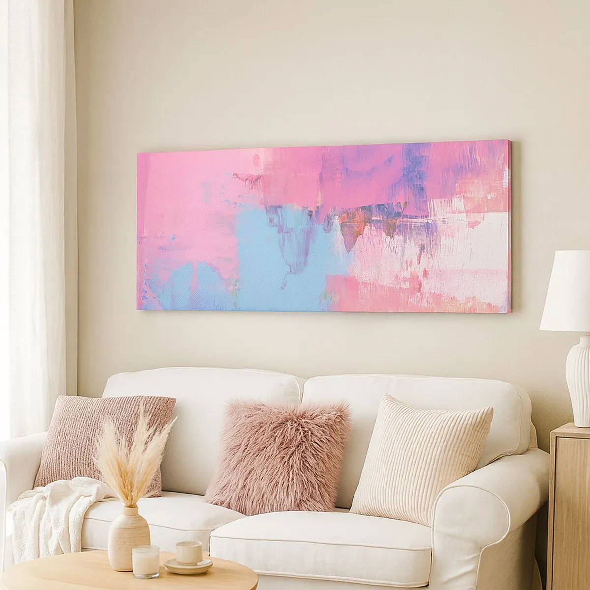 Schilderen op canvas - Roze, blauw en een vleugje licht - 100x40 cm