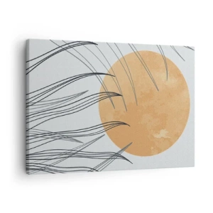 Schilderen op canvas - Abstracte grassprieten tegen de achtergrond van een grote oranje zon - 70x50cm - Altijd naar de zon - Moderne wanddecoratie voor woonkamer en slaapkamer ARTTOR
