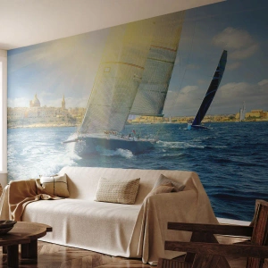 Fotobehang Premium Sand - Het is tijd om de stad te verlaten - Stad, Zee, Jacht - 100x70 cm