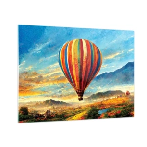 Schilderen op glas - Een kleurrijke ballon die over een berglandschap zweeft - 70x50cm - In stilte zie je meer - Moderne wanddecoratie voor woonkamer en slaapkamer ARTTOR