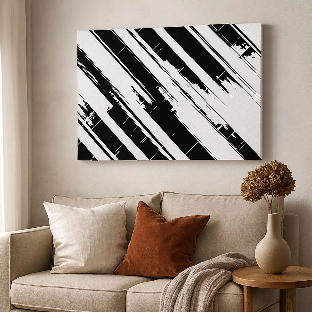 Schilderen op canvas - Zwart-witte lijnen en geometrische patronen in een moderne stijl - 70x50cm - Een intense en dynamische compositie - Moderne wanddecoratie voor woonkamer en slaapkamer ARTTOR