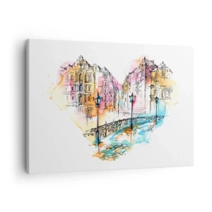 Schilderen op canvas - Aquarel van een brug en hartvormige huurkazernes - 70x50cm - Het hart van de stad - Moderne wanddecoratie voor woonkamer en slaapkamer ARTTOR