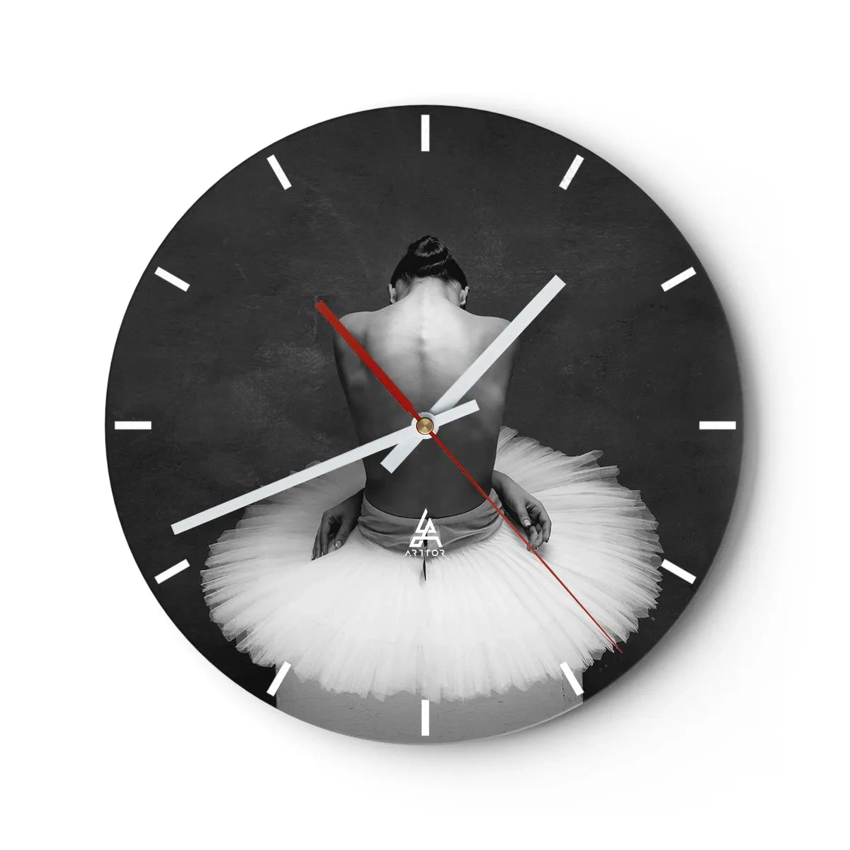 Wandklok - Klok - Een danseres in een tule rok, achterstevoren zittend in zwart-wit - 30x30cm - Het bloeit gewoon - Moderne wanddecoratie voor woonkamer, keuken en slaapkamer ARTTOR