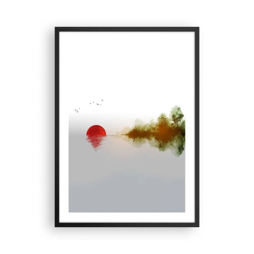 Poster in een zwarte lijst - Een minimalistisch landschap met een rode zon en een meer. - 50x70cm - Een belofte van vrede - Moderne wanddecoratie voor woonkamer en slaapkamer ARTTOR