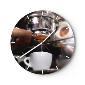 Wandklok - Klok - Close-up van een koffiezetapparaat met een kopje espresso - 30x30cm - Goede tijd van de dag - Moderne wanddecoratie voor woonkamer, keuken en slaapkamer ARTTOR