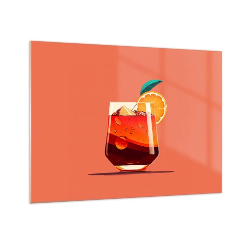 Schilderen op glas - Een kleurrijk drankje met sinaasappel op een warme perzikachtergrond - 70x50cm - Zomerse verfrissing - Moderne wanddecoratie voor woonkamer en slaapkamer ARTTOR