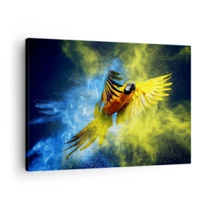 Schilderen op canvas - Een papegaai in vlucht tegen een achtergrond van kleurrijke explosies van geel en blauw. - 70x50cm - In het blauwe en gouden stof - Moderne wanddecoratie voor woonkamer en slaapkamer ARTTOR