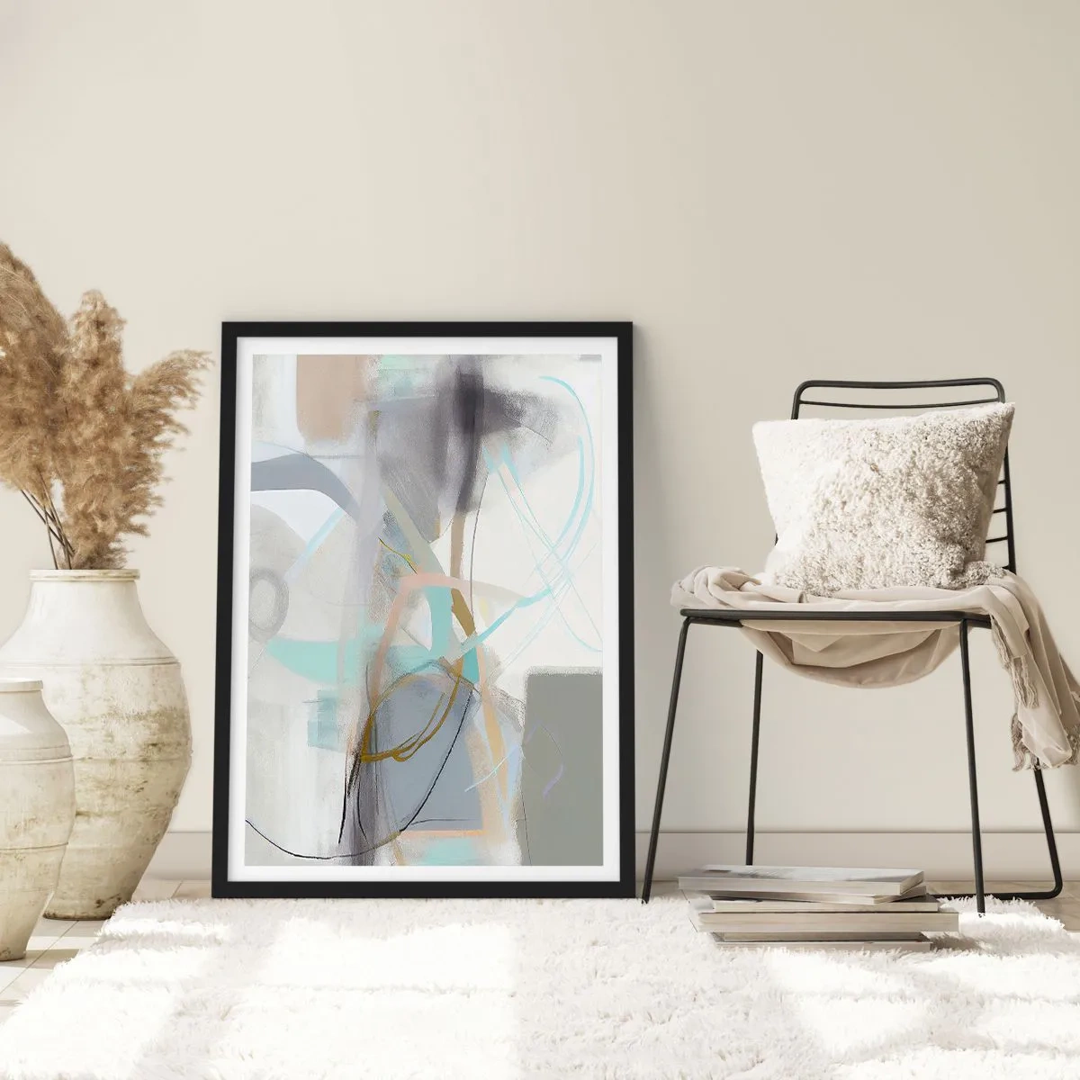 Poster in een zwarte lijst - Subtiele abstractie in tinten grijs en blauw - 50x70cm - Mistige abstractie - Moderne wanddecoratie voor woonkamer en slaapkamer ARTTOR