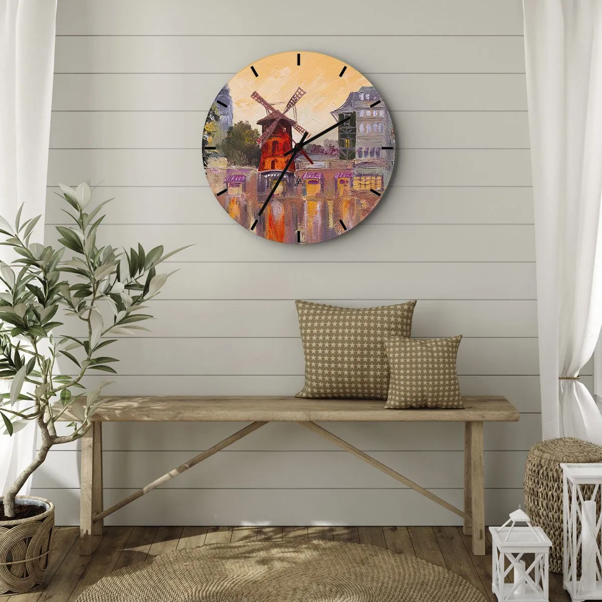Wandklok - Klok - Moulin Rouge in een schilderachtige interpretatie van het stadslandschap - 30x30cm - Parijse iconen – Moulin Rouge - Moderne wanddecoratie voor woonkamer, keuken en slaapkamer ARTTOR