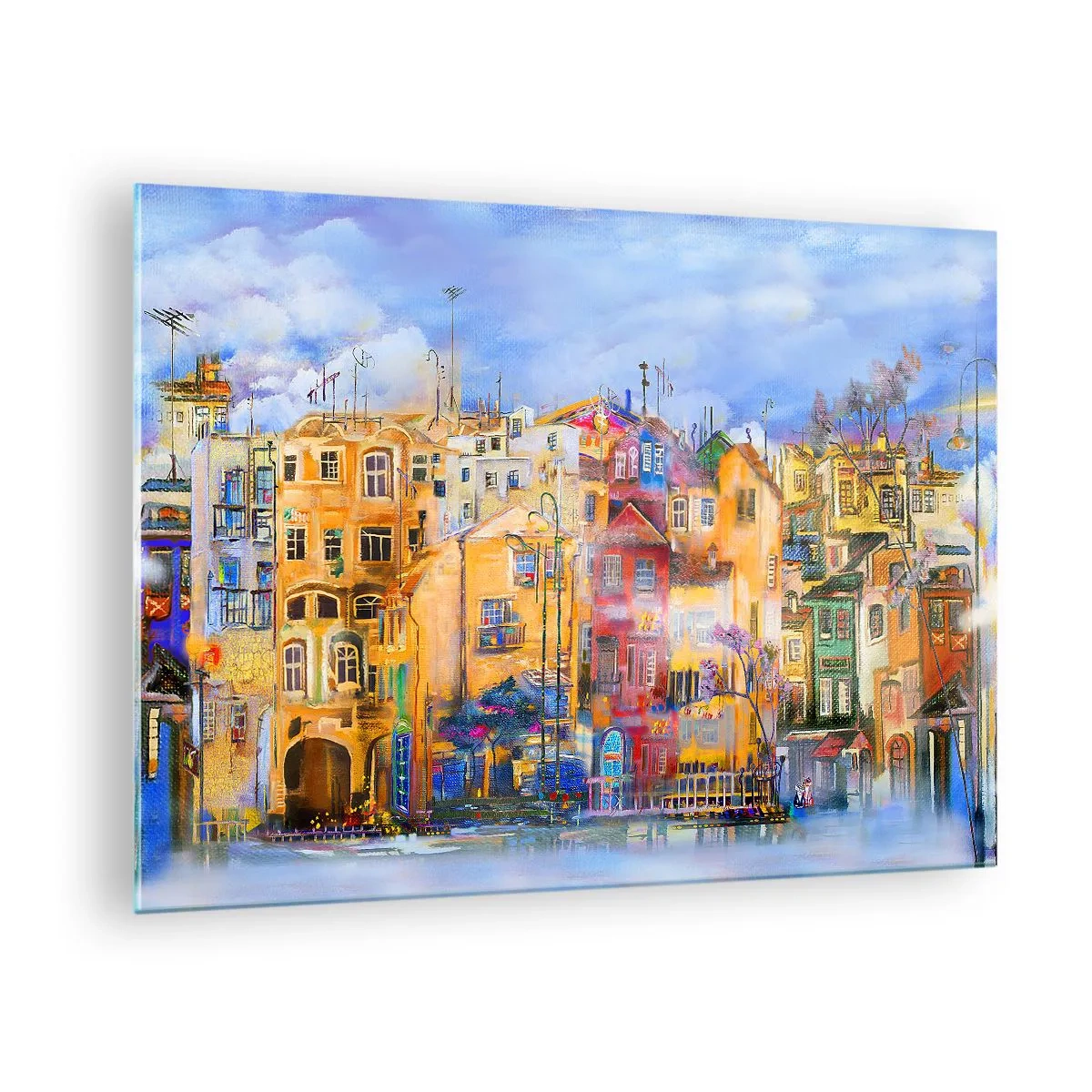 Schilderen op glas - Kleurrijke huurkazernes in een artistieke stedelijke omgeving - 70x50cm - Wij zijn samen - Moderne wanddecoratie voor woonkamer en slaapkamer ARTTOR