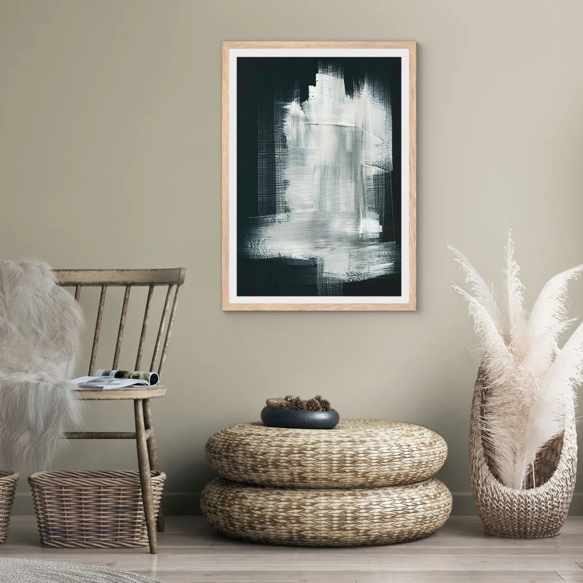 Een poster in een licht eiken lijst - Geweven van verticaal en horizontaal - 70x100 cm