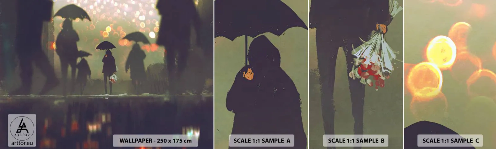 Fotobehang Monster Zelfklevend Deluxe Sticker - Vanuit het perspectief van een regendruppel - Lopen in de regen, Mensen, Grafisch - 100x30 cm