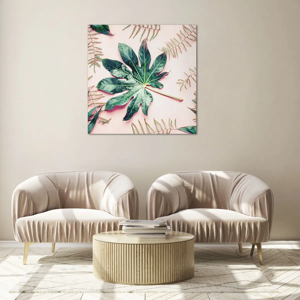 Schilderen op glas - Een studie van groen op een roze achtergrond - 40x40 cm