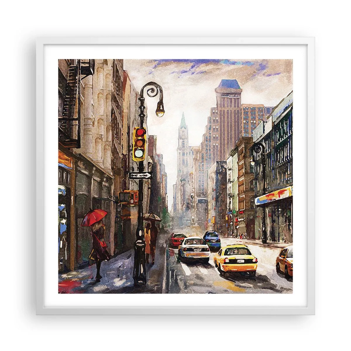 Poster in een witte lijst - New York - ook kleurrijk in de regen - 60x60 cm