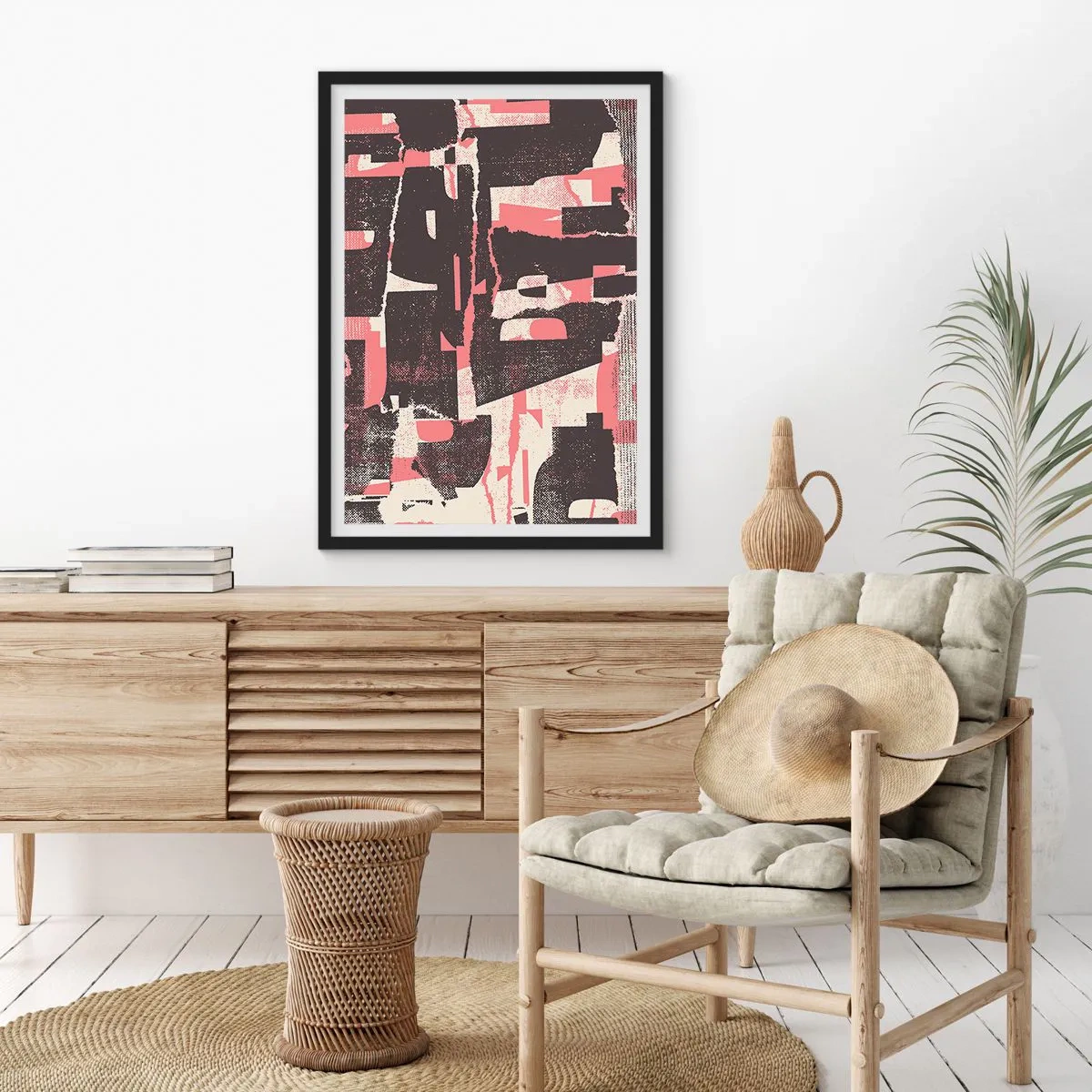 Poster in een zwarte lijst - Dynamische abstractie in tinten rood en zwart - 50x70cm - Al dit lawaai - Moderne wanddecoratie voor woonkamer en slaapkamer ARTTOR