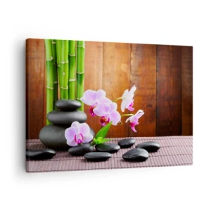 Schilderen op canvas - Zen-stijl bamboe, stenen en roze orchideeën op een houten achtergrond - 70x50cm - Maak kennis met de geneugten van het oosten - Moderne wanddecoratie voor woonkamer en slaapkamer ARTTOR