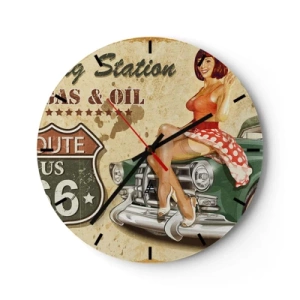 Wandklok - Klok - Pin-upgirl en retro-auto - 30x30cm - De grote jaren 40. - Moderne wanddecoratie voor woonkamer, keuken en slaapkamer ARTTOR