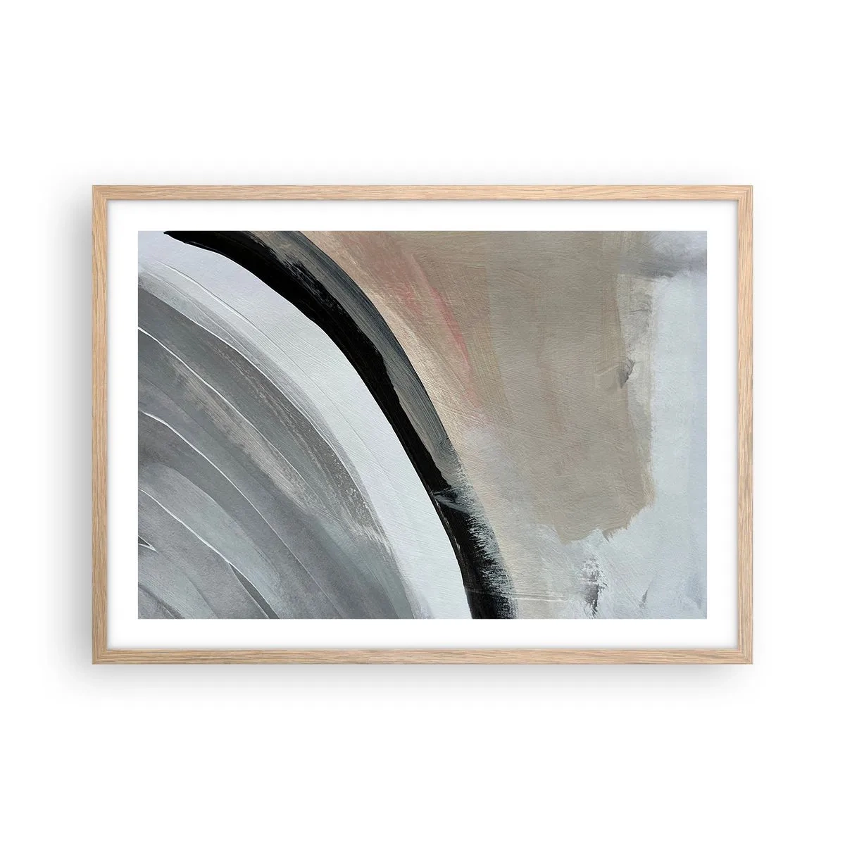 Een poster in een licht eiken lijst - Compositie: boog van zwart en grijs - 70x50 cm
