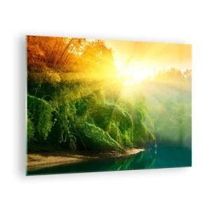 Schilderen op glas - Zonnestralen over de groene vegetatie bij de rivier - 70x50cm - Verdrinken in de zon en schaduw - Moderne wanddecoratie voor woonkamer en slaapkamer ARTTOR