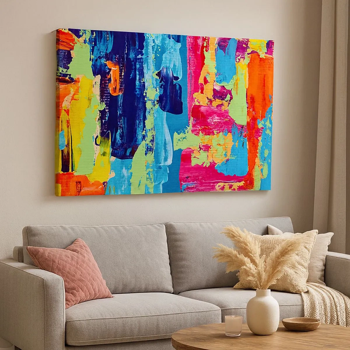 Schilderen op canvas - Abstracte compositie van kleuren in een dynamische vorm - 70x50cm - Het leven is mooi! - Moderne wanddecoratie voor woonkamer en slaapkamer ARTTOR