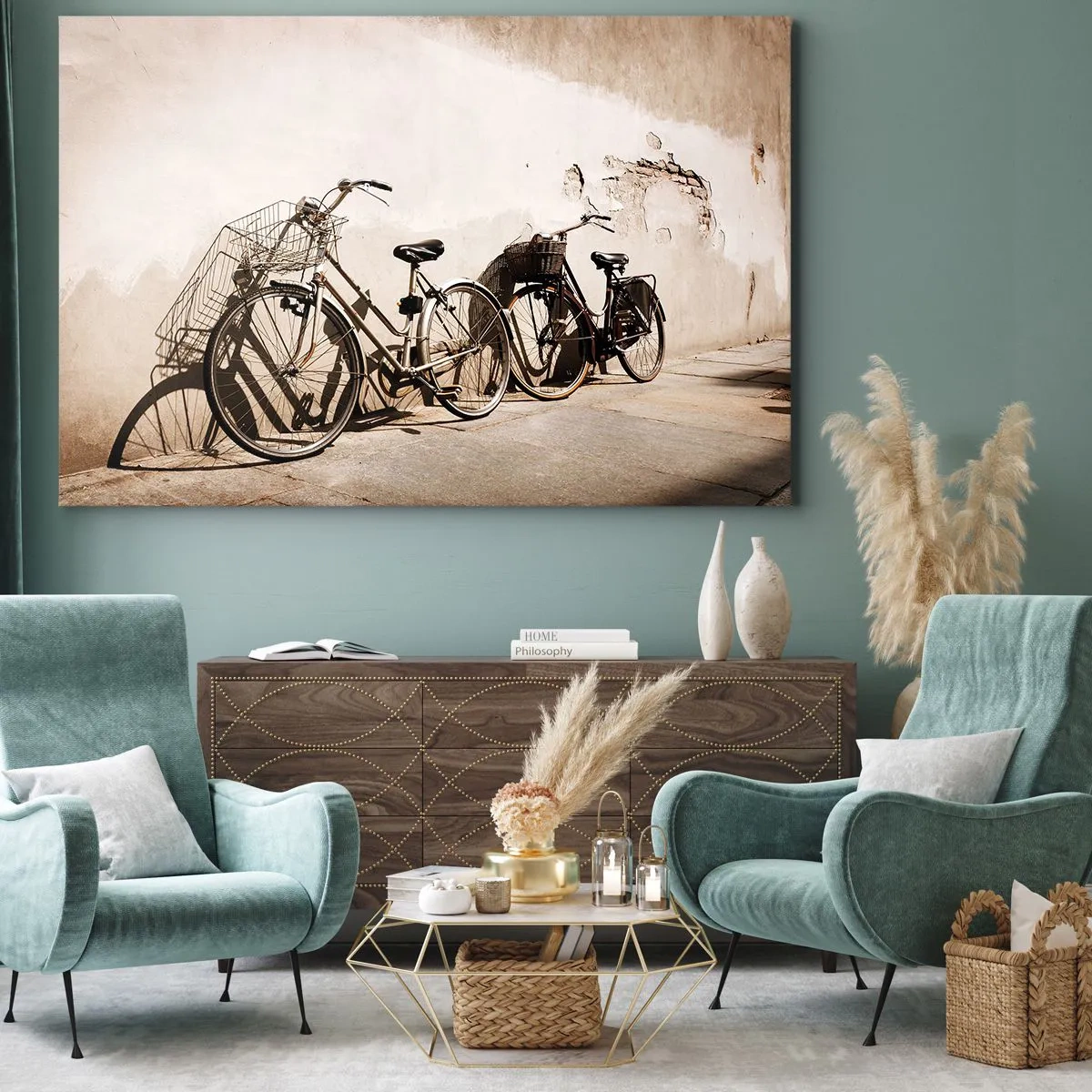 Schilderen op canvas - Twee fietsen leunend tegen een oude muur in retrostijl - 70x50cm - De onvergetelijke charme uit het verleden - Moderne wanddecoratie voor woonkamer en slaapkamer ARTTOR