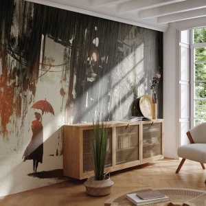 Fotobehang op maat Zelfklevend Deluxe Sticker - De poëzie van de rode paraplu - Stad, Vrouw, Architectuur