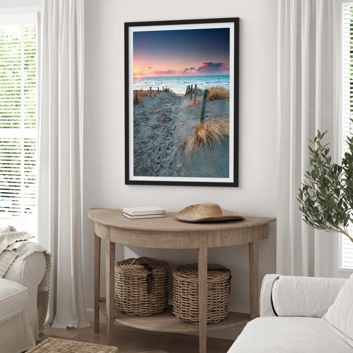 Poster in een zwarte lijst - Strandpad bij zonsondergang met uitzicht op zee - 50x70cm - Je liet een regenboog van licht stralend... - Moderne wanddecoratie voor woonkamer en slaapkamer ARTTOR