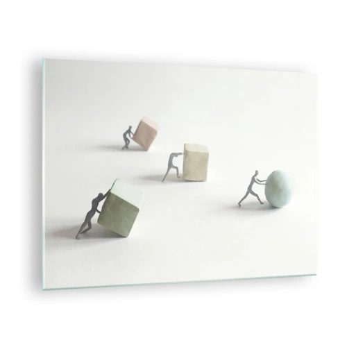 Schilderen op glas - Miniatuurfiguren rollen en duwen geometrische vormen. - 70x50cm - Puur leven - Moderne wanddecoratie voor woonkamer en slaapkamer ARTTOR