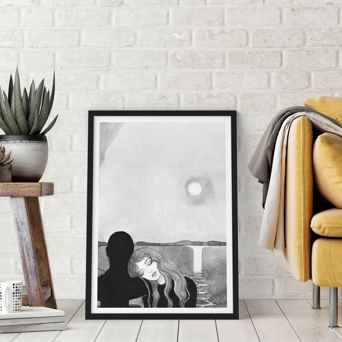 Poster in een zwarte lijst - Vrouw leunend op schaduwfiguur, maan en waterval - 50x70cm - Altijd een geheim - Moderne wanddecoratie voor woonkamer en slaapkamer ARTTOR