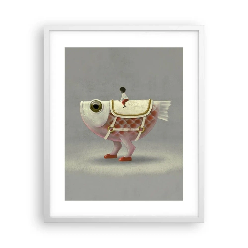 Poster in een witte lijst - Ruiter op een surrealistische vis - 40x50 cm