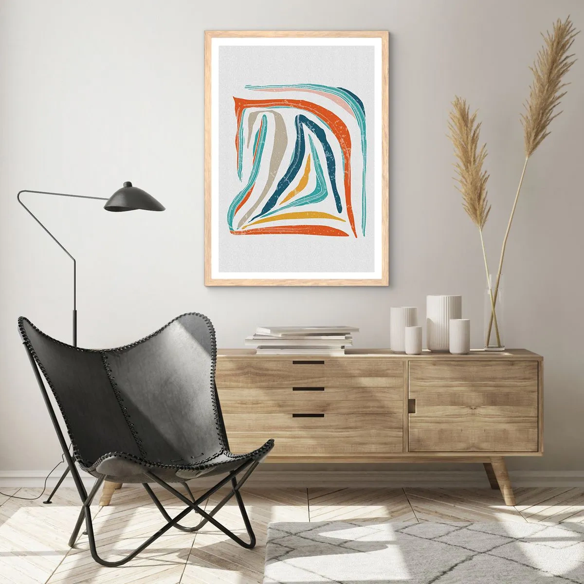 Een poster in een licht eiken lijst - Abstractie met een vriendelijke glimlach - 61x91 cm