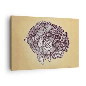Schilderen op canvas - Decoratieve vis in een tekenstijl met patronen - 70x50cm - Uit een oceaan van ornamenten - Moderne wanddecoratie voor woonkamer en slaapkamer ARTTOR