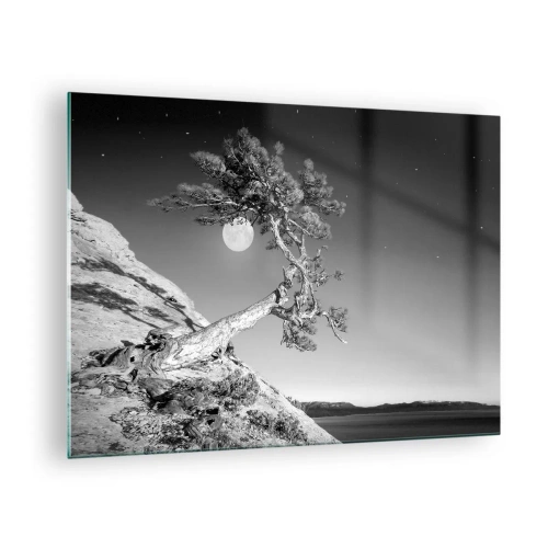 Schilderen op glas - Een leunende boom op een heuvel met de maan op de achtergrond - 70x50cm - Een zegevierende jager - Moderne wanddecoratie voor woonkamer en slaapkamer ARTTOR