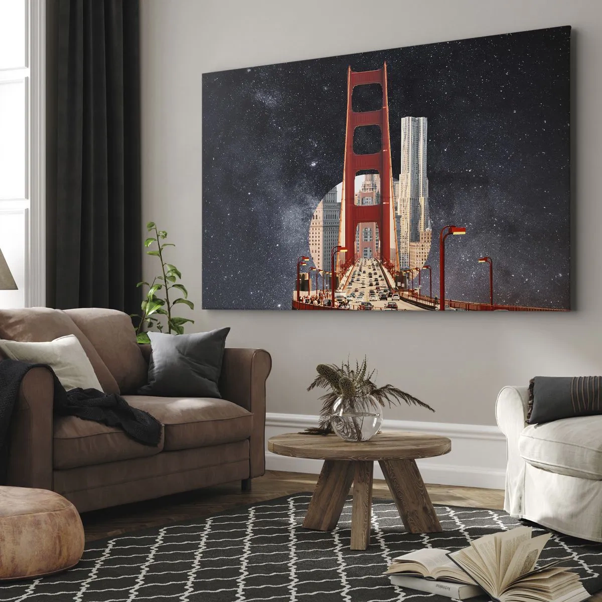 Schilderen op canvas - De Golden Gate Bridge met de stad op de achtergrond tegen een sterrenhemel - 70x50cm - Altijd in het centrum - Moderne wanddecoratie voor woonkamer en slaapkamer ARTTOR