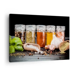 Schilderen op canvas - Kruiden en specerijen in glazen potten op een donkere achtergrond - 70x50cm - Zodat het leven smaak heeft - Moderne wanddecoratie voor woonkamer en slaapkamer ARTTOR