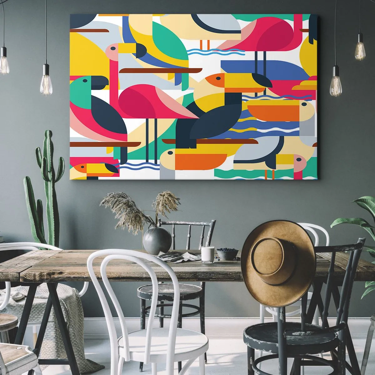 Schilderen op canvas - Kleurrijke vogels in een abstracte, geometrische compositie - 70x50cm - Vogelfeestje - Moderne wanddecoratie voor woonkamer en slaapkamer ARTTOR