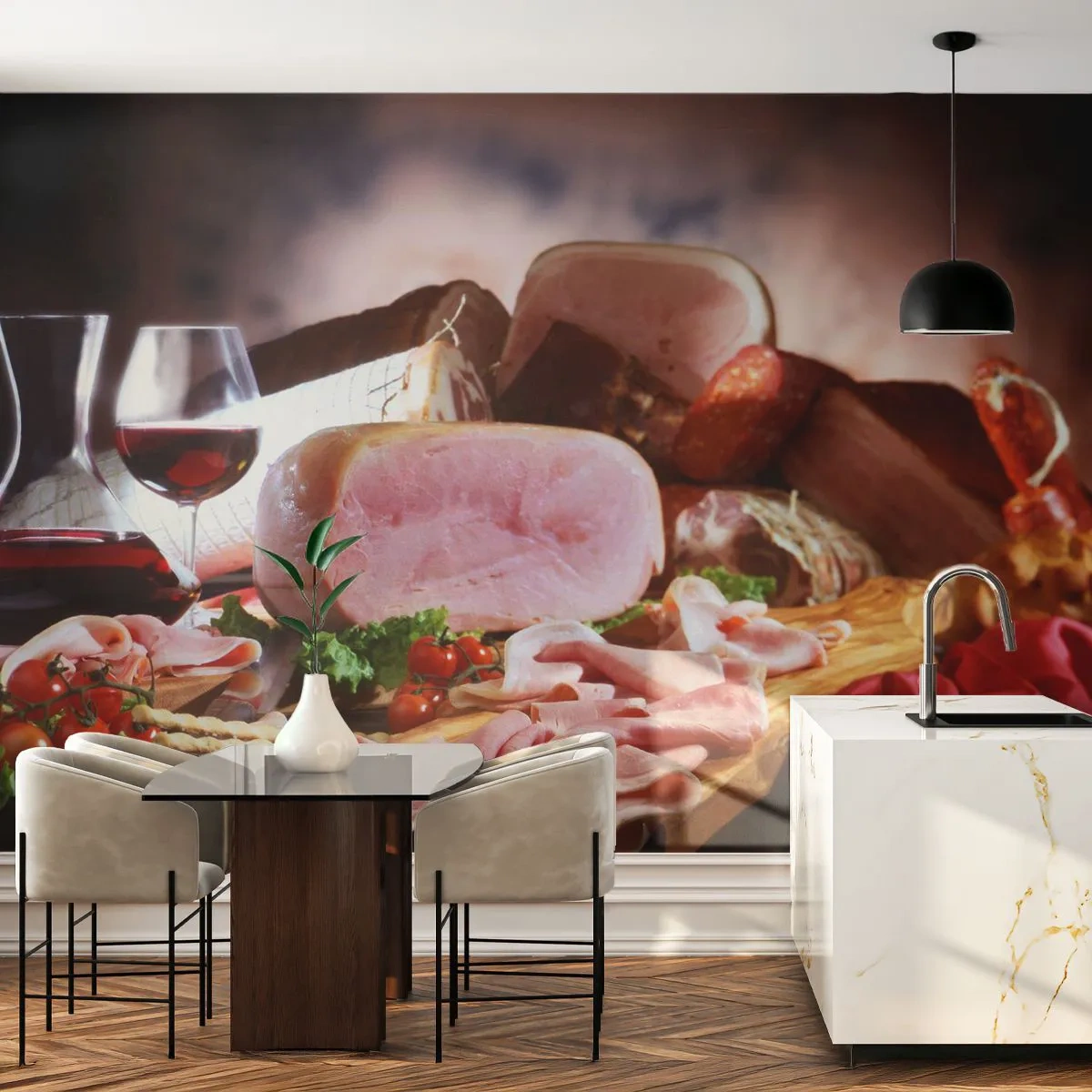 Zelfklevend Fotobehang Deluxe Sticker - Een culinaire droom met een karaf - Gastronomie, Vlees, Tomaten - 250x175 cm