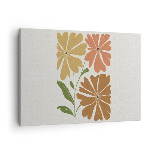 Schilderen op canvas - Drie bloemen in warme kleuren op een lichte achtergrond - 70x50cm - Natuur en geometrie - Moderne wanddecoratie voor woonkamer en slaapkamer ARTTOR