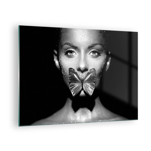 Schilderen op glas - Portret van een vrouw met een vlinder op haar lippen in zwart-wit - 70x50cm - Vlinder kus - Moderne wanddecoratie voor woonkamer en slaapkamer ARTTOR