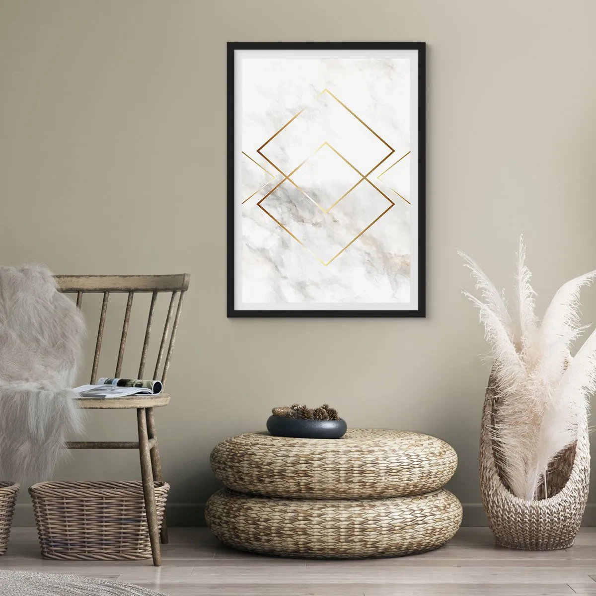 Poster in een zwarte lijst - Geometrie in gouden lijnen op een marmeren achtergrond - 50x70cm - Een uitzicht tot in het oneindige - Moderne wanddecoratie voor woonkamer en slaapkamer ARTTOR