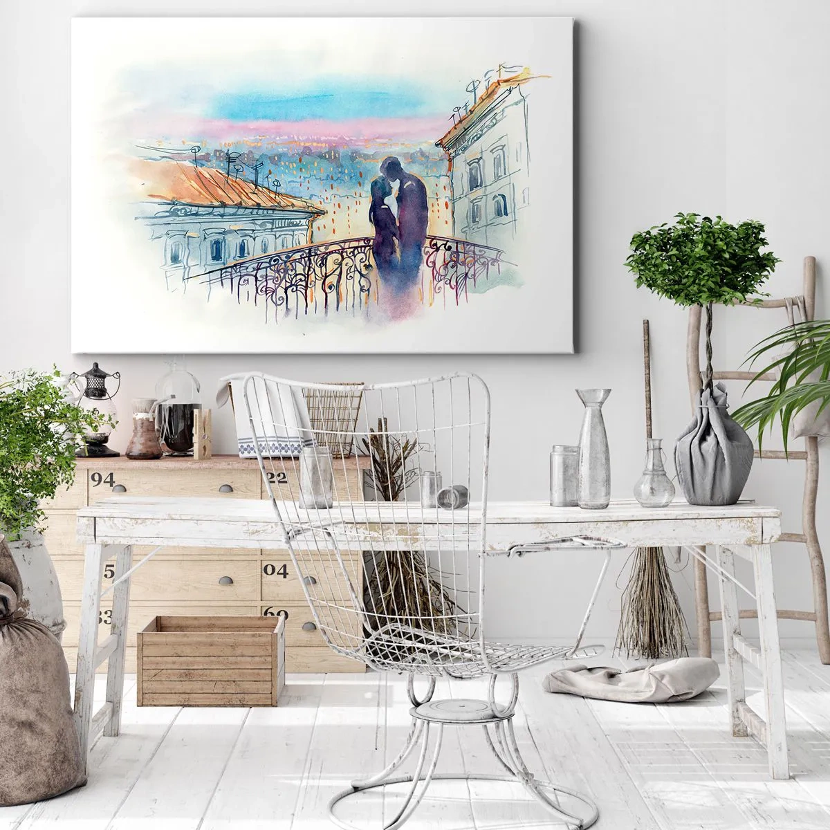 Schilderen op canvas - Romantisch stel op een balkon met uitzicht op de stad - 70x50cm - Parijs liefhebbers - Moderne wanddecoratie voor woonkamer en slaapkamer ARTTOR