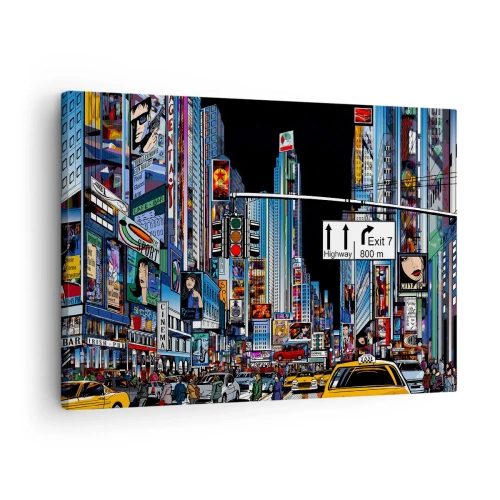 Schilderen op canvas - Een bruisende stad met kleurrijke reclameborden en gele taxi's - 70x50cm - Stripboek grote nacht - Moderne wanddecoratie voor woonkamer en slaapkamer ARTTOR