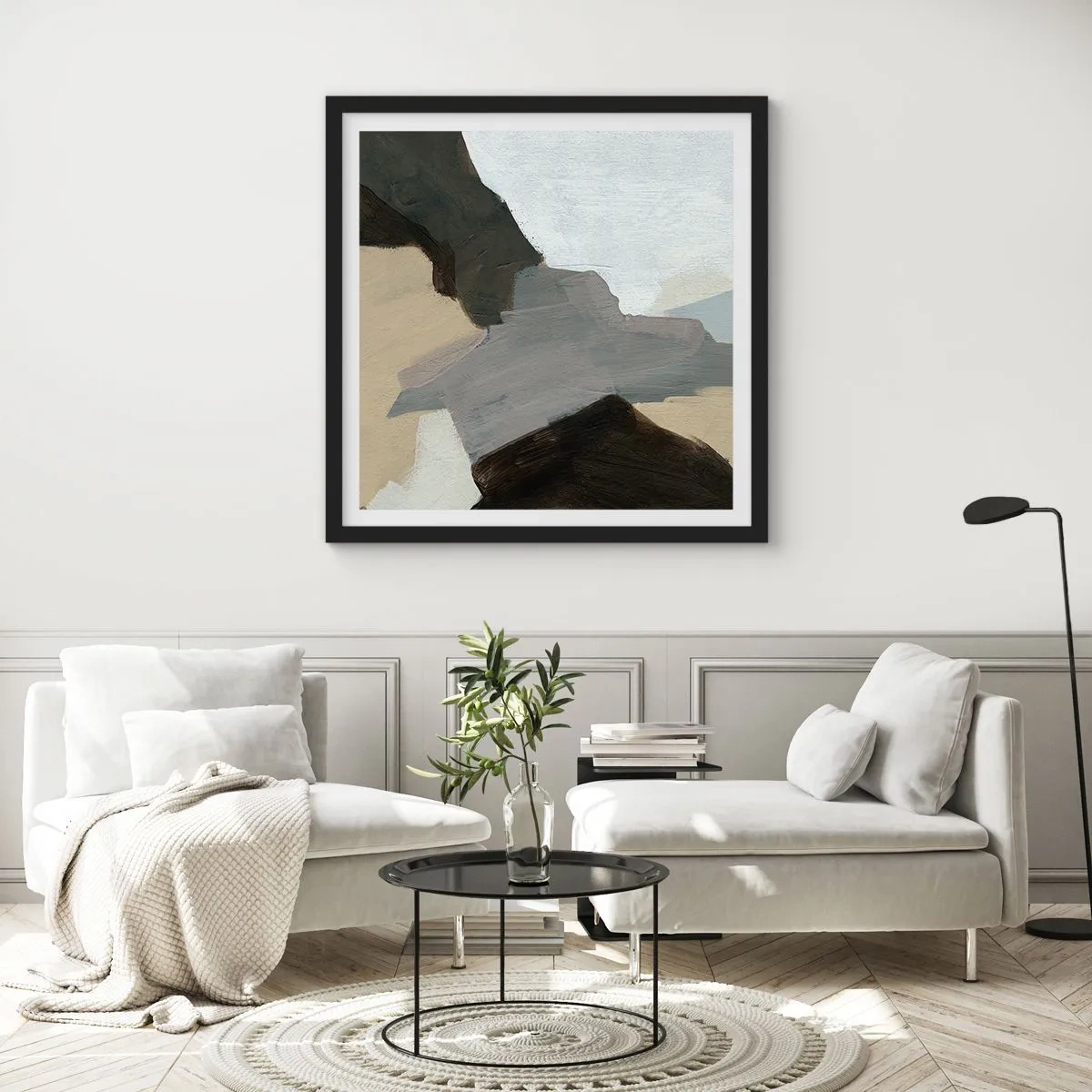 Poster in een zwarte lijst - Abstractie: het kruispunt van grijs - 40x40 cm