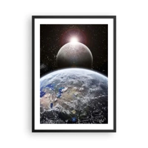 Poster in een zwarte lijst - Planeten Aarde en Maan in de ruimte - 50x70cm - Kosmisch landschap - zonsopgang - Moderne wanddecoratie voor woonkamer en slaapkamer ARTTOR